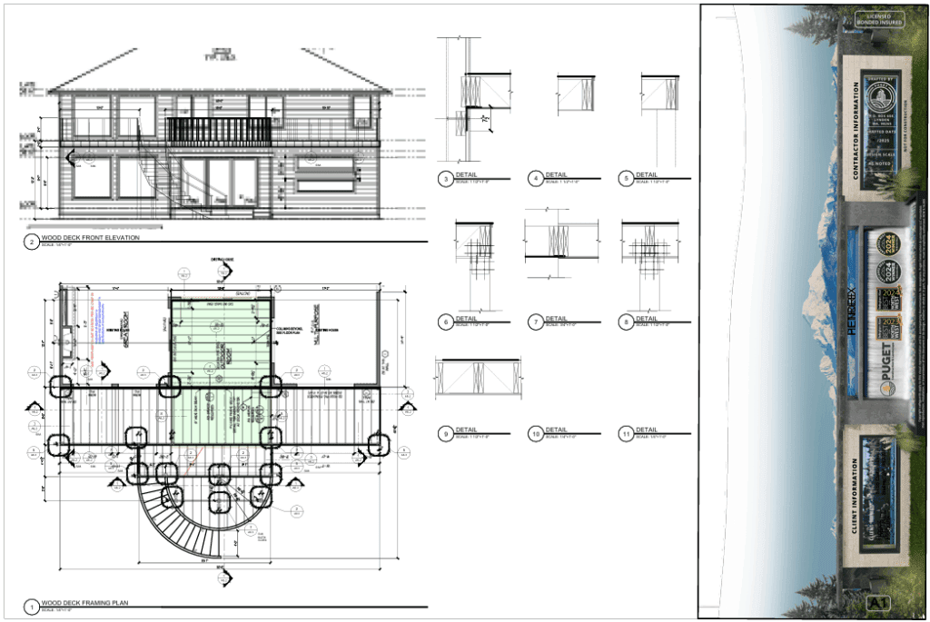 3D deck design rendering showing custom layout, integrated stairs, and structural details for a Bellingham home